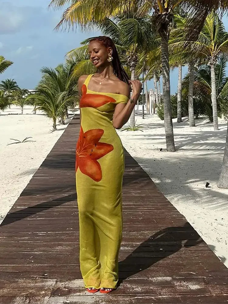 Flower Print Mesh See Through Maxi Dress Women Fashion Diagonal Collar Sleeveless Long Dresses 2024 Female Holiday Beachwear