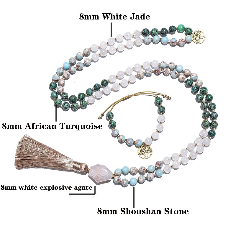 Jasper Beads Knotted Japamala Necklace Meditation