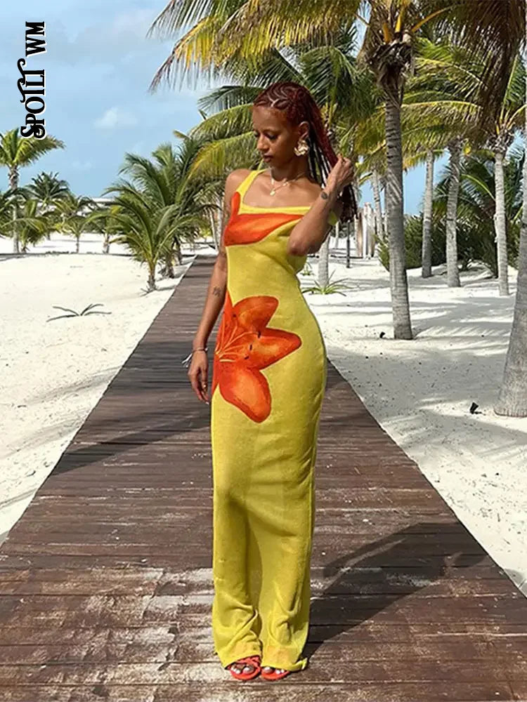 Flower Print Mesh See Through Maxi Dress Women Fashion Diagonal Collar Sleeveless Long Dresses 2024 Female Holiday Beachwear